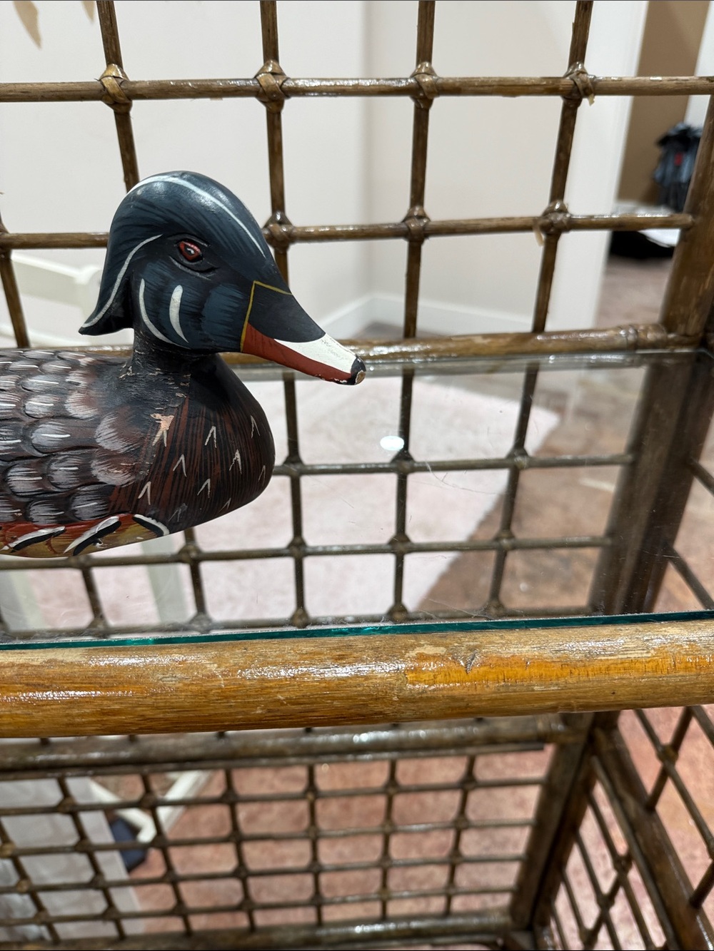 Hand-Painted Wooden Duck Figurine in Dark Brown, blue and Black - Picture 2 of 7